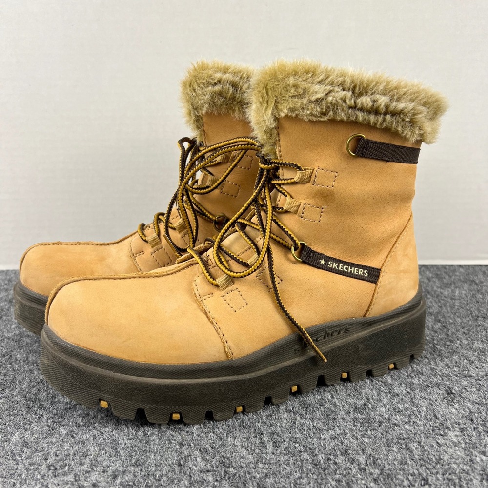 Skechers Jammers Wheat Tan Leather Faux Fur Trim Platform Boots 45247 Womens 8